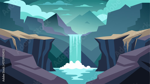 A hidden waterfall cascades down a series of rocky outcrops its rush echoing through the valley below.