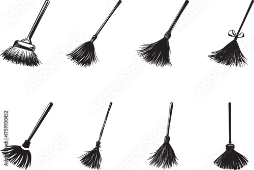 Set of eight black and white broom silhouettes.