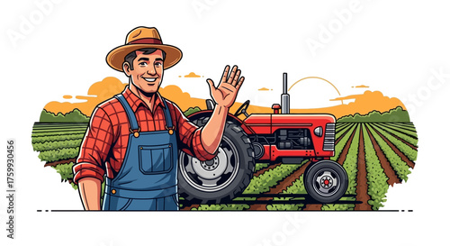 Friendly farmer waving next to a red tractor in a field.
