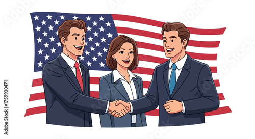 Two businessmen shake hands in front of a woman and the American flag.