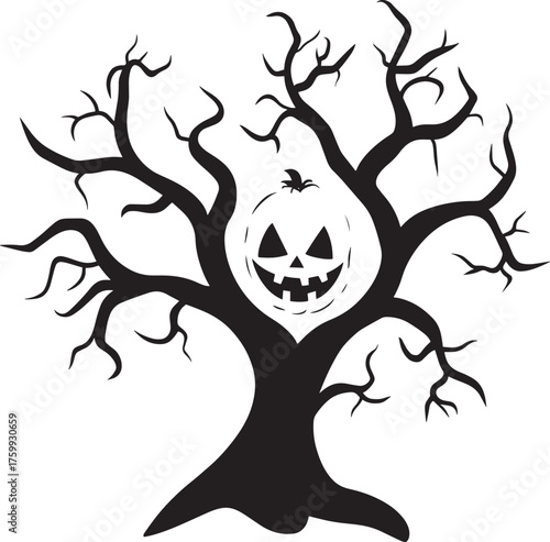 A spooky, tree with a pumpkin head in the middle, set vector illustration