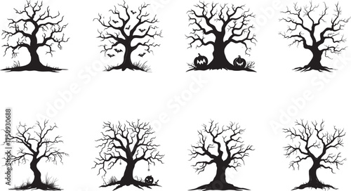 A set of eight black and white tree silhouettes with varying degrees of leaflessness and gnarled branches.