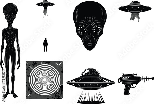 Alien and UFO silhouette vector illustration set, featuring extraterrestrial beings, flying saucers, space weapon, and abduction scenes for futuristic science fiction design