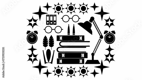 Inspiring study space silhouette with books, lamp, clock and decorative stars for creative learning design