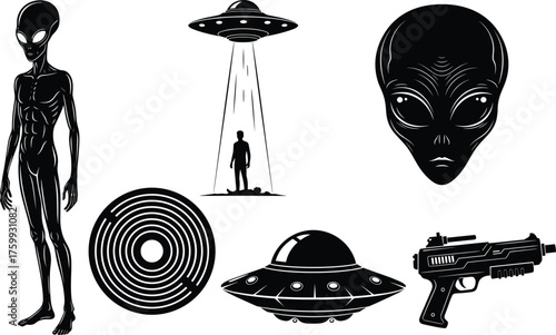 Alien silhouette vector illustration set, UFO spaceship, abduction beam, futuristic weapon, and extraterrestrial head, mysterious outer space science fiction concept design