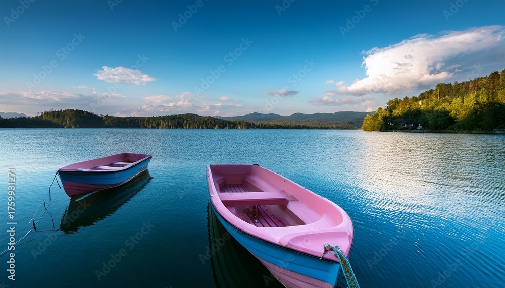 Fototapeta two small boats pink and blue gently bob on the water a cheerful summer scene