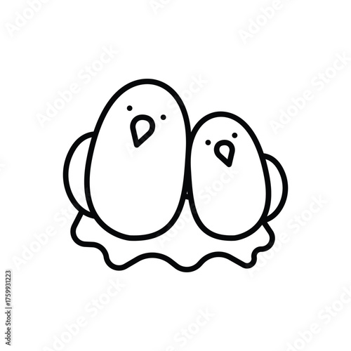 Two rounded birdlike figures with dot eyes and beak shapes sit on a nestlike base. Editable stroke line  icon