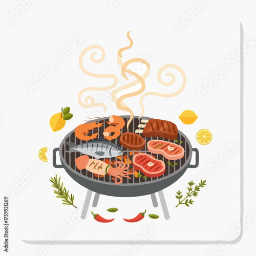 A smoky grill with meat, shrimp, fish, and squid, billowing smoke, lemongrass accents, flat design vector illustration