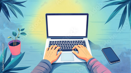 Illustration of hand working on laptop