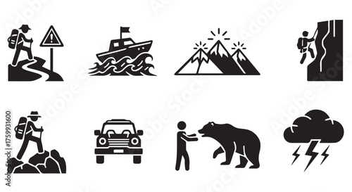 Collection of outdoor adventure and danger icons, including hiking, boating, climbing, and wildlife encounters isolated on transparent background