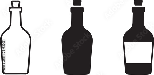 Three stylized bottle icons with stoppers and label silhouette black