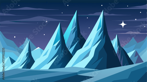 A daunting wall of mountains looms ahead their icy spires reaching for the stars.