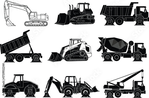 Construction vehicles, heavy machinery, excavator, bulldozer, dump truck, tipper truck, skid steer, road roller, backhoe loader, cement mixer, crane truck, black and white, 