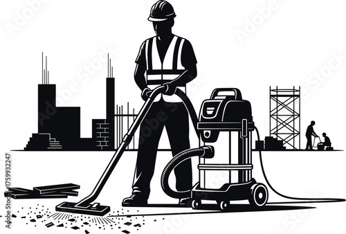 Construction worker cleaning debris with industrial vacuum, safety gear, scaffolding, steel frame buildings, teamwork, black and white vector illustration, site hygiene