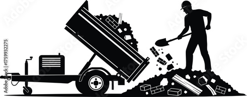 Construction worker silhouette, shovel labor, debris cleanup, trailer dumping bricks, hard hat man, site demolition, black and white vector illustration