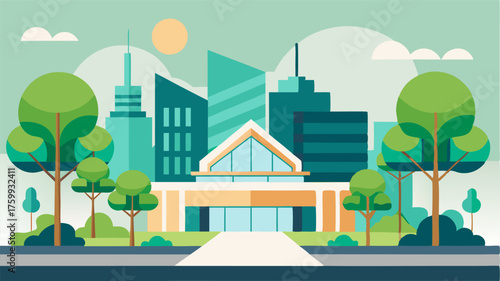A harmonious balance of modern architecture and verdant trees creates a unique and refreshing streetscape.