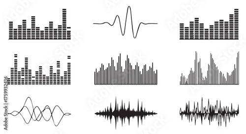 Collection of sound wave and equalizer bar graph designs isolated on transparent background
