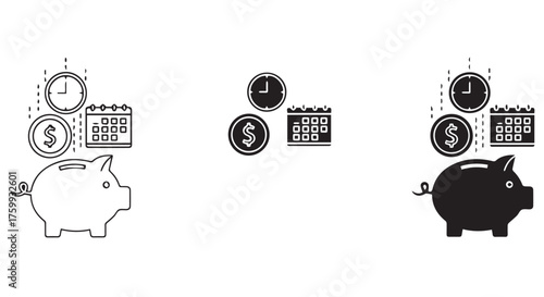 Piggy bank with coins, clock, and calendar icons isolated on transparent background