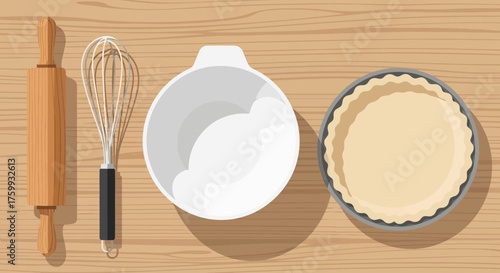 A clean flat design illustration featuring essential baking tools for making Thanksgiving pies, including a rolling pin and mixing bowl. This modern graphic is perfect for culinary and holiday-themed 
