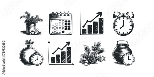 Collection of Hand Drawn Icons Representing Time and Growth