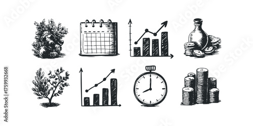 Hand drawn icons representing finance and growth