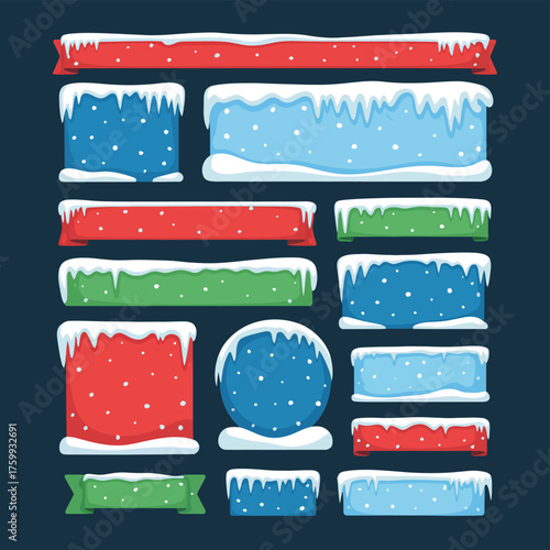 Winter-Themed Banners and Buttons with Snow Caps and Icicles for Festive Holiday Designs, Website Graphics, and Seasonal Decoration Elements