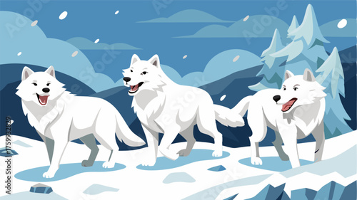 A group of playful arctic wolves frolicking in the snow their joyous barks echoing through the stillness of the tundra.