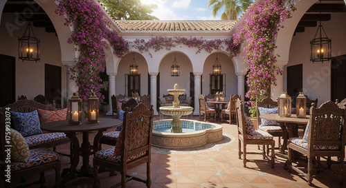 Serene courtyard oasis with flowing fountain, vibrant bougainvillea, and intimate candlelit dining