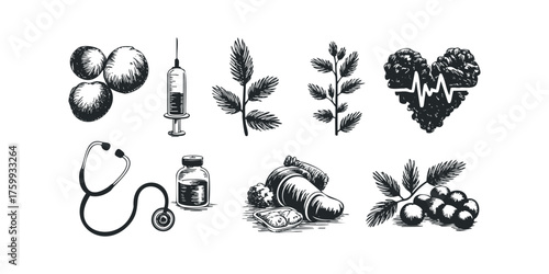 Medical symbols and healthy food drawings