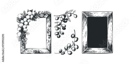 Wooden frames adorned with fruit branches and leaves