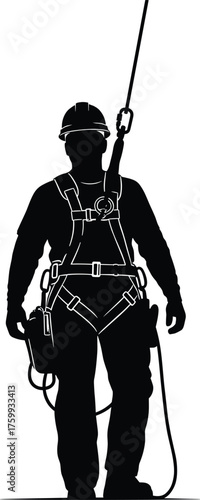 Silhouette worker, safety harness, helmet gear, industrial climbing, fall protection, construction site, PPE equipment, high-risk job, secure rope, occupational safety