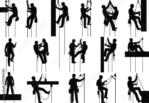 Silhouette workers on ropes, industrial climbing, rope access techniques, construction safety, suspended maintenance, harnessed labor, vertical work, vector illustration, black background