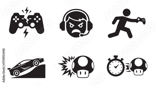 Collection of video game icons including a broken controller, angry gamer, and racing car isolated on transparent background