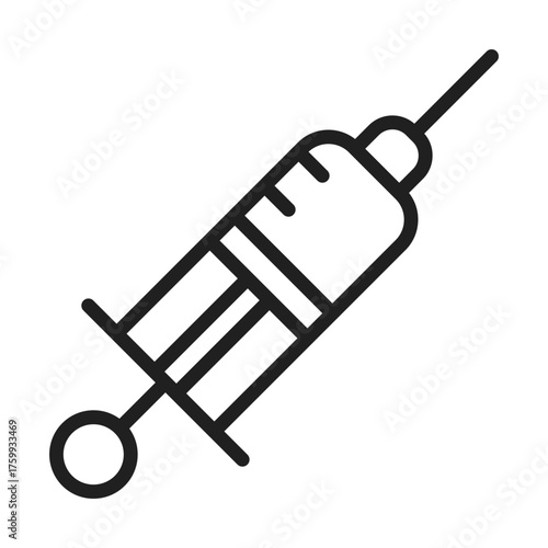 Syringe outline icon with a circular plunger a cylindrical body marked with measurements and a needle. Editable stroke line  icon