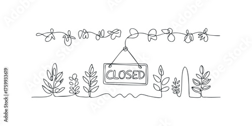 Single line drawing of closed sign with botanical elements