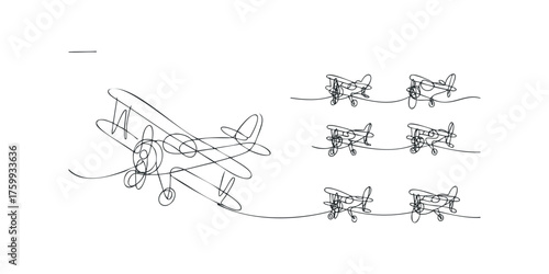Continuous line drawing of biplanes in flight formation