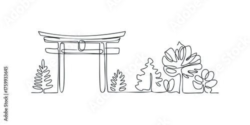 Traditional Torii Gate with Stylized Trees