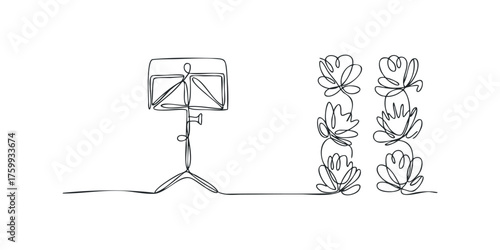 Continuous line drawing of a music stand and stylized flowers