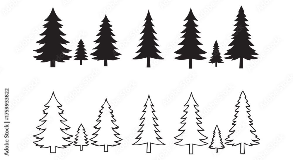 Obraz premium Silhouettes and outlines of pine trees of various sizes isolated on transparent background