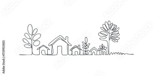 Minimalist line drawing of small houses and trees