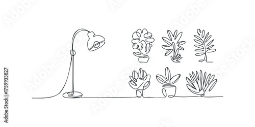 Line art of floor lamp and potted plants