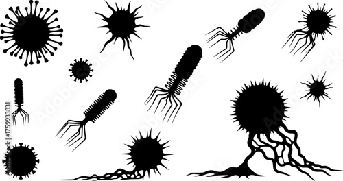 Set of Microscopic Virus and Cancer Cells in Silhouette Style
