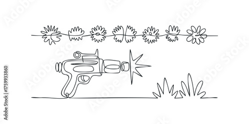 One line drawing of a futuristic ray gun firing at stylized flowers
