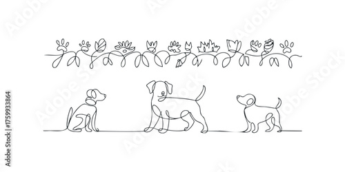 Three dogs and floral border drawn with continuous line