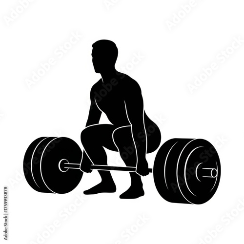 Minimalist silhouette of muscular man preparing for deadlift with heavy barbell, representing strength and fitness in isolated illustration for exercise concepts