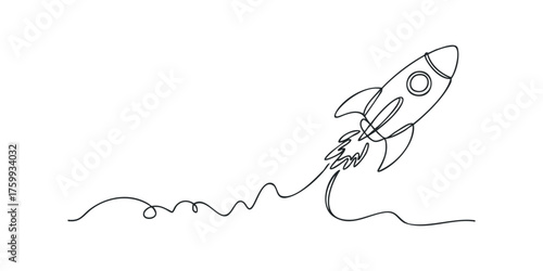 Single line drawing of rocket ascending leaving smoke trail