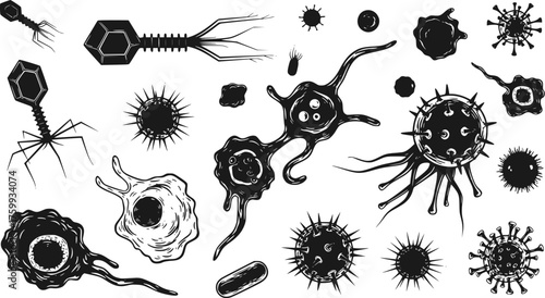 Set of Microscopic Virus and Cancer Cells in Silhouette Style
