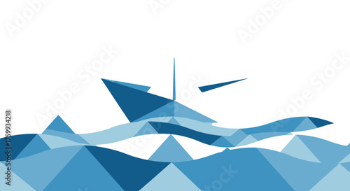Abstract Geometric Paper Boat Sailing In An Ocean Adventure with Night Sky Illustration