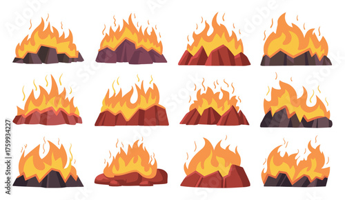 Burning Coal Set with Realistic Bright Flame and Glowing Charcoal Heaps for Grills, Fireplaces, BBQ Designs, and Hot Carbon Vector Illustrations