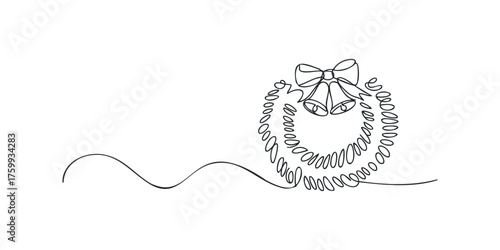 Minimalist outline of Christmas wreath with bells and bow